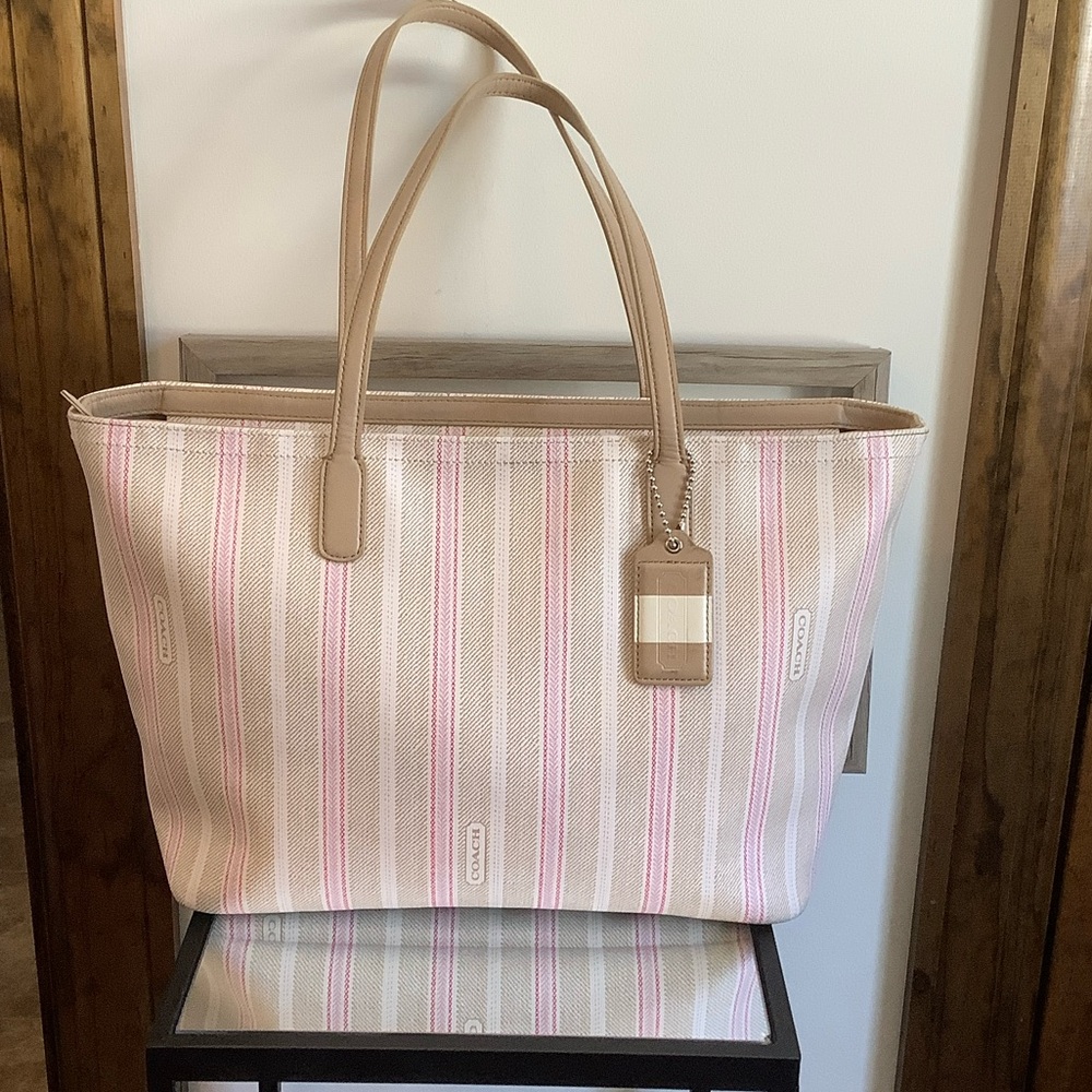Coach Beige and Pink Striped Tote
